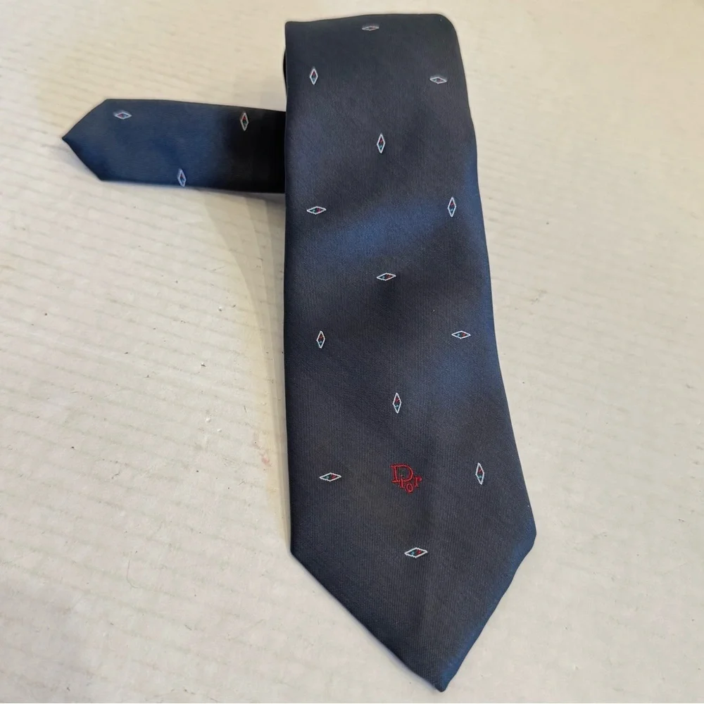 Vintage Christian DIOR Designer Neck Tie Striped Gray Diamonds Business Preppy